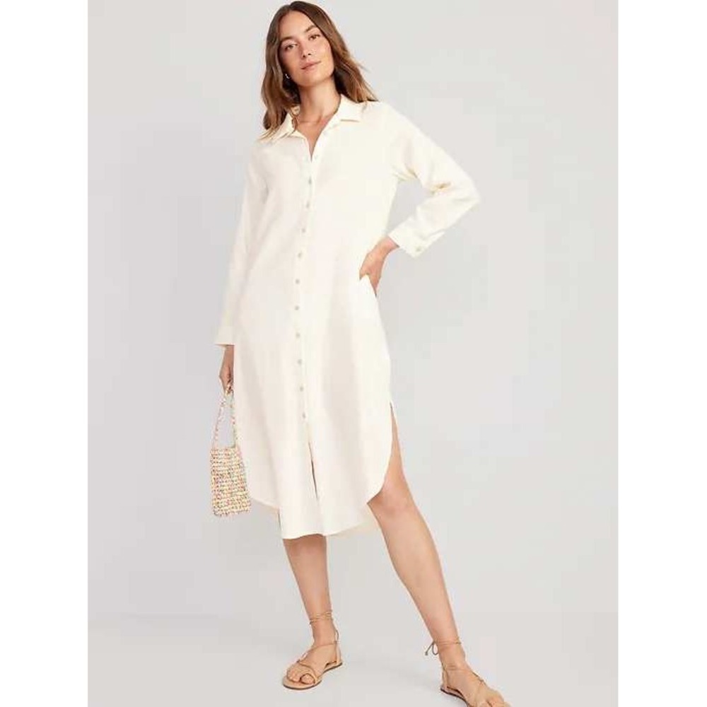 Old Navy Linen Blend Shirt Dress White Women Small Tall Long Sleeve Minimalist
